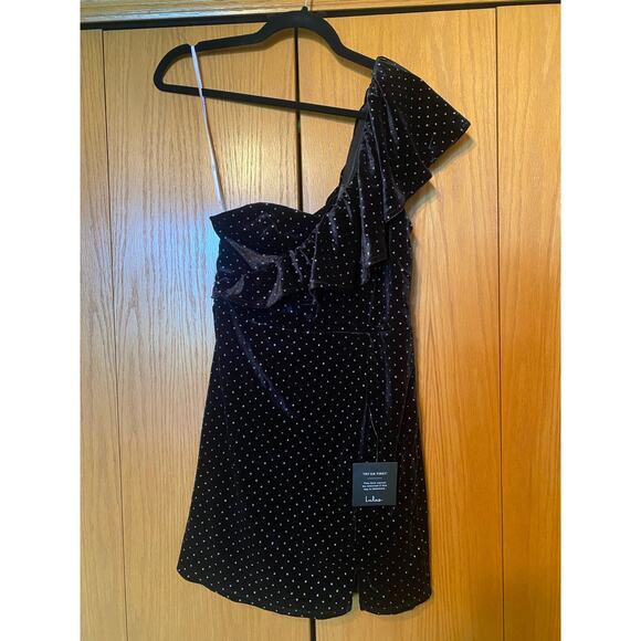 Lulus Pretty Glam Black Velvet Polka Dot One-Shoulder Mini Dress - Picture 5 of 10